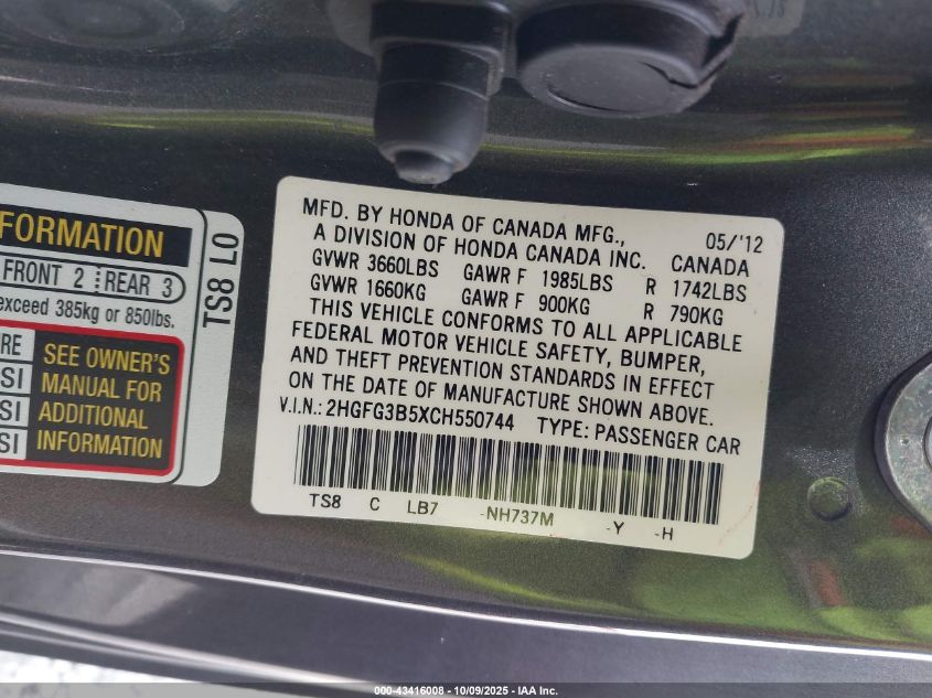 2012 Honda Civic Lx VIN: 2HGFG3B5XCH550744 Lot: 43416008