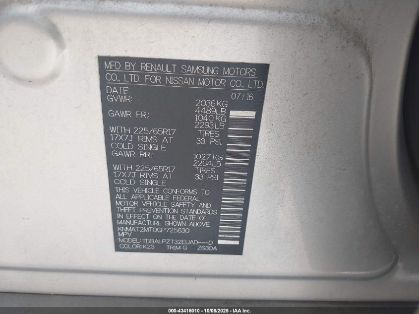 2016 Nissan Rogue S VIN: KNMAT2MT0GP725630 Lot: 43416010