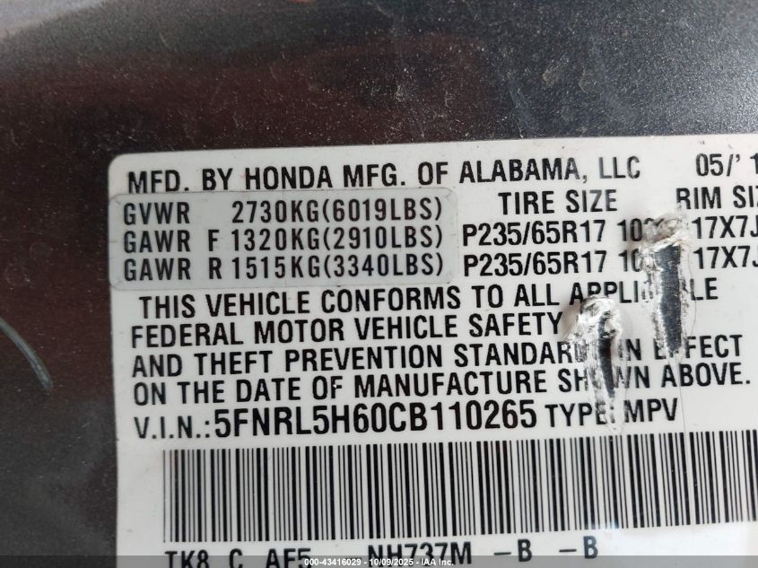 2012 Honda Odyssey Ex-L VIN: 5FNRL5H60CB110265 Lot: 43416029