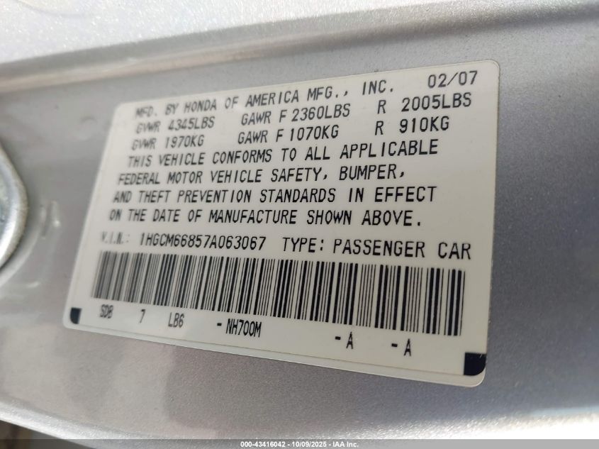2007 Honda Accord 3.0 Ex VIN: 1HGCM66857A063067 Lot: 43416042