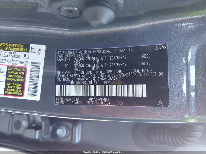 2023 Toyota Highlander Le VIN: 5TDKDRBH2PS019712 Lot: 43416048