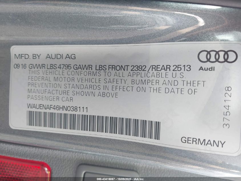 2017 Audi A4 2.0T Premium VIN: WAUENAF46HN038111 Lot: 43416067