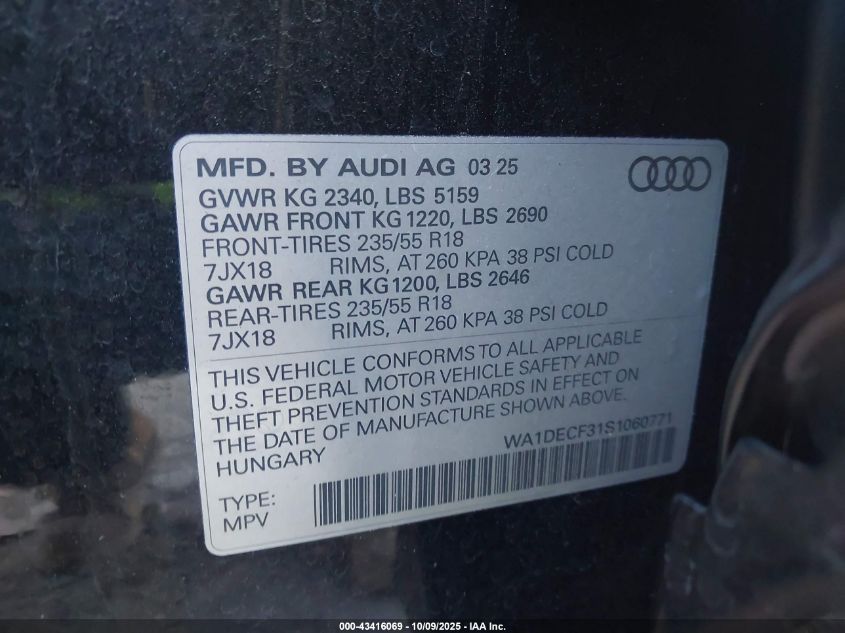 2025 Audi Q3 Premium 45 Tfsi S Line Quattro Tiptronic VIN: WA1DECF31S1060771 Lot: 43416069