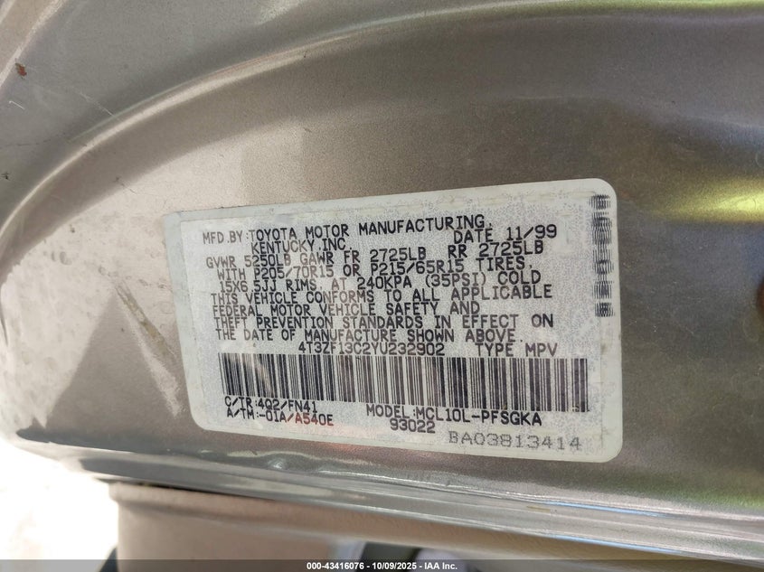 2000 Toyota Sienna Le VIN: 4T3ZF13C2YU232902 Lot: 43416076