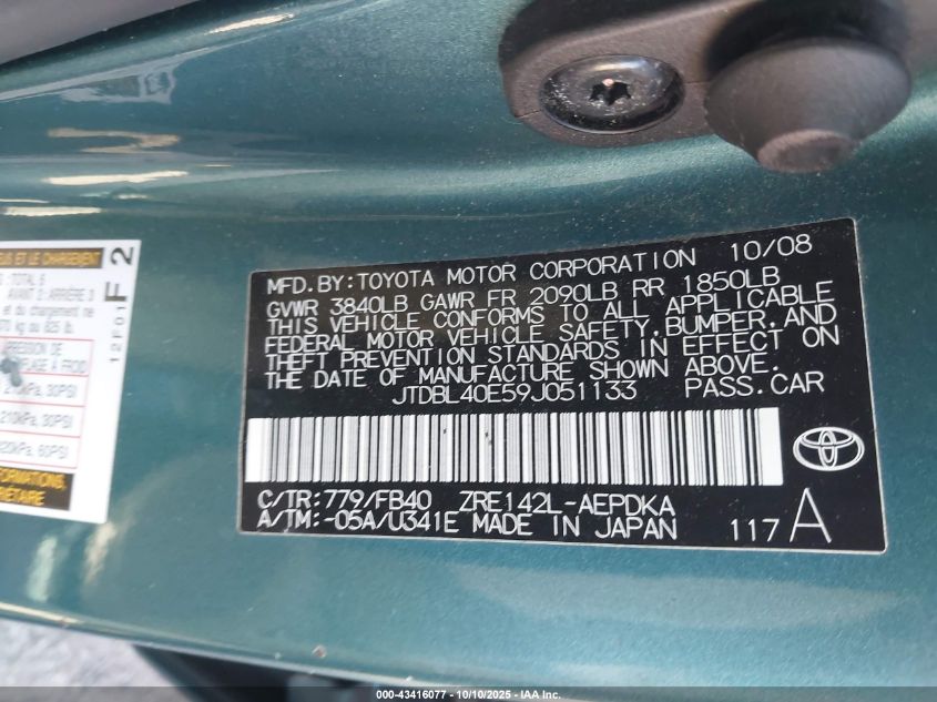 2009 Toyota Corolla Le VIN: JTDBL40E59J051133 Lot: 43416077