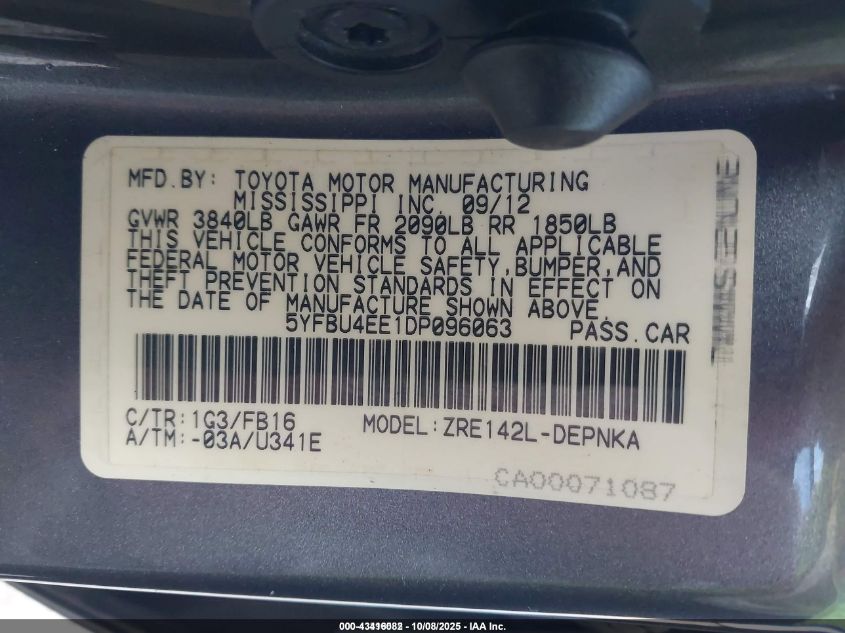 2013 Toyota Corolla Le VIN: 5YFBU4EE1DP096063 Lot: 43416082