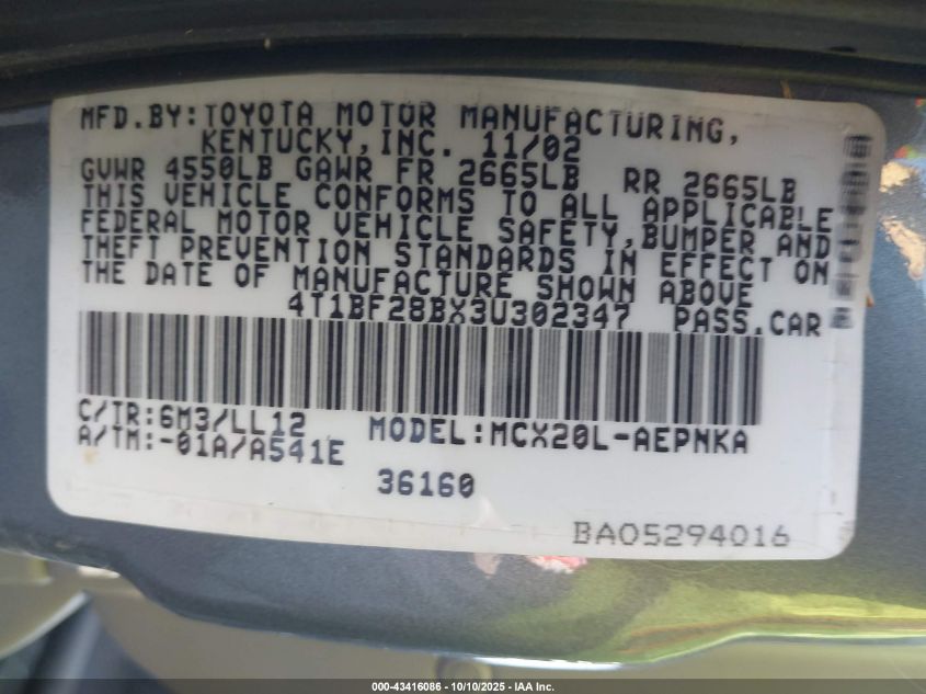 2003 Toyota Avalon Xl VIN: 4T1BF28BX3U302347 Lot: 43416086