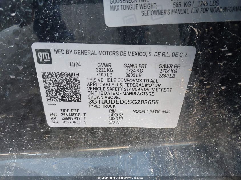 2025 GMC Sierra 1500 4Wd Short Box Slt VIN: 3GTUUDED0SG203655 Lot: 43416089