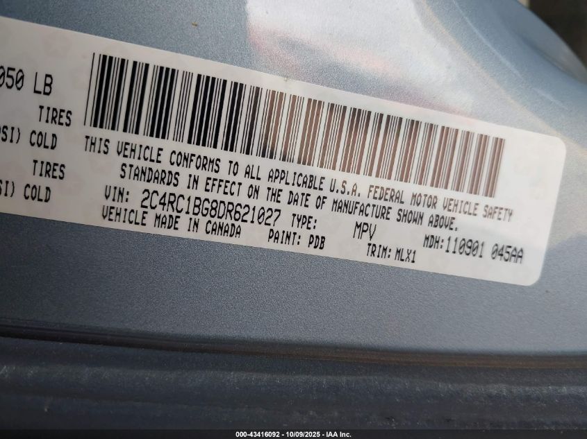 2013 Chrysler Town & Country Touring VIN: 2C4RC1BG8DR621027 Lot: 43416092