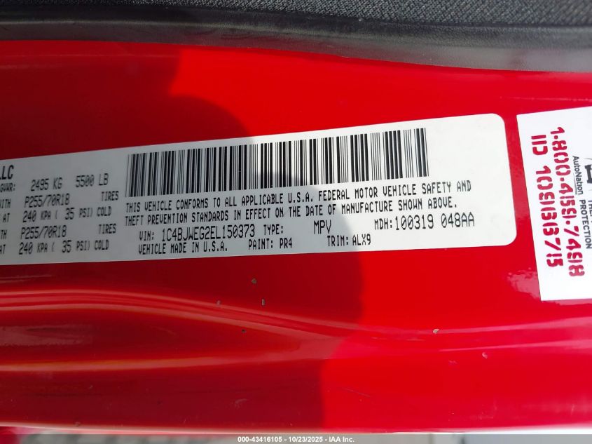 2014 Jeep Wrangler Unlimited Sahara VIN: 1C4BJWEG2EL150373 Lot: 43416105