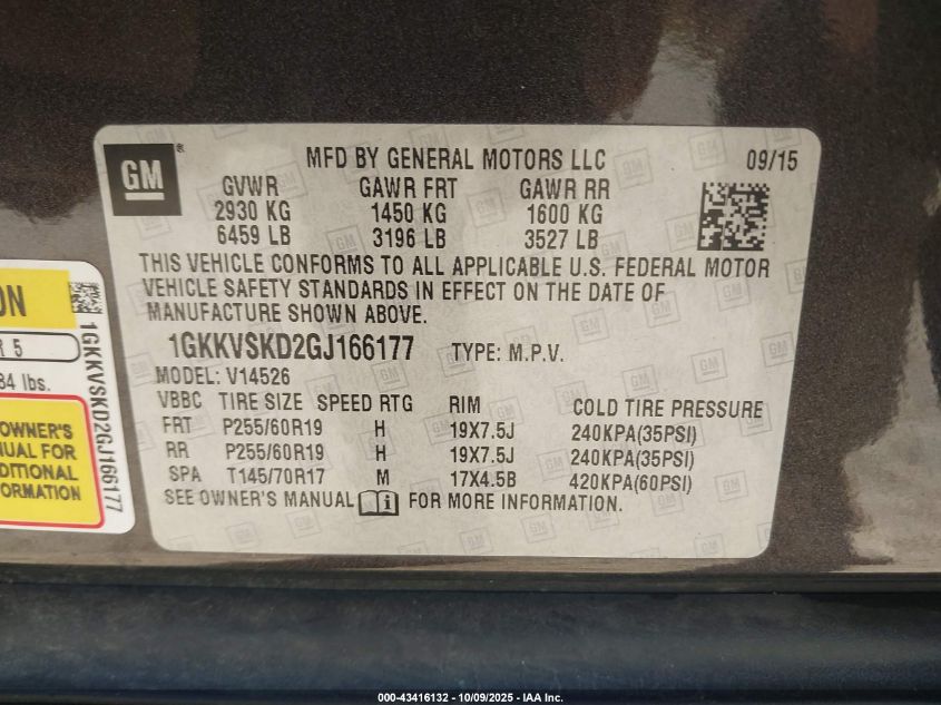 2016 GMC Acadia Slt-2 VIN: 1GKKVSKD2GJ166177 Lot: 43416132