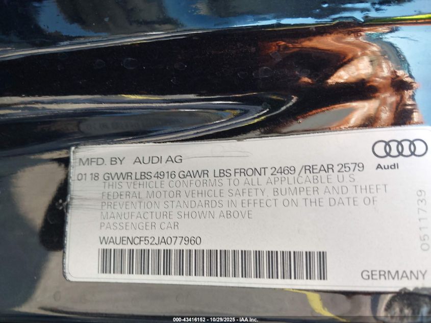 2018 Audi A5 2.0T Premium VIN: WAUENCF52JA077960 Lot: 43416152