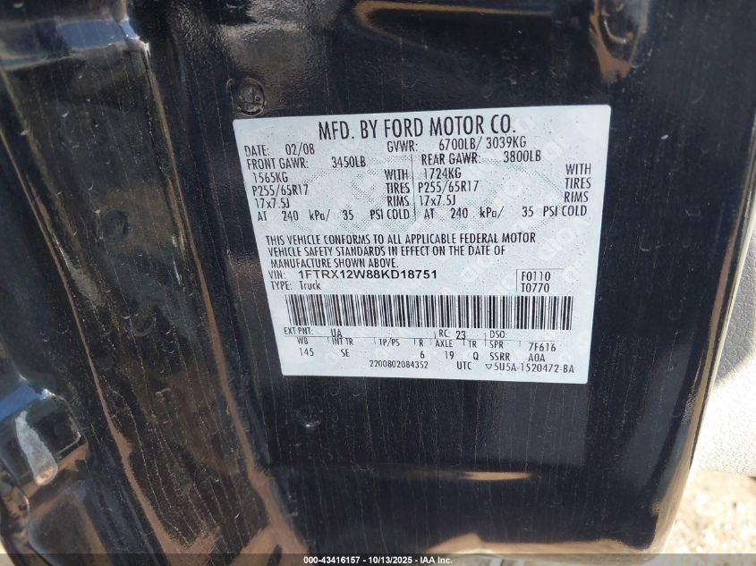 2008 Ford F-150 Fx2/Stx/Xl/Xlt VIN: 1FTRX12W88KD18751 Lot: 43416157