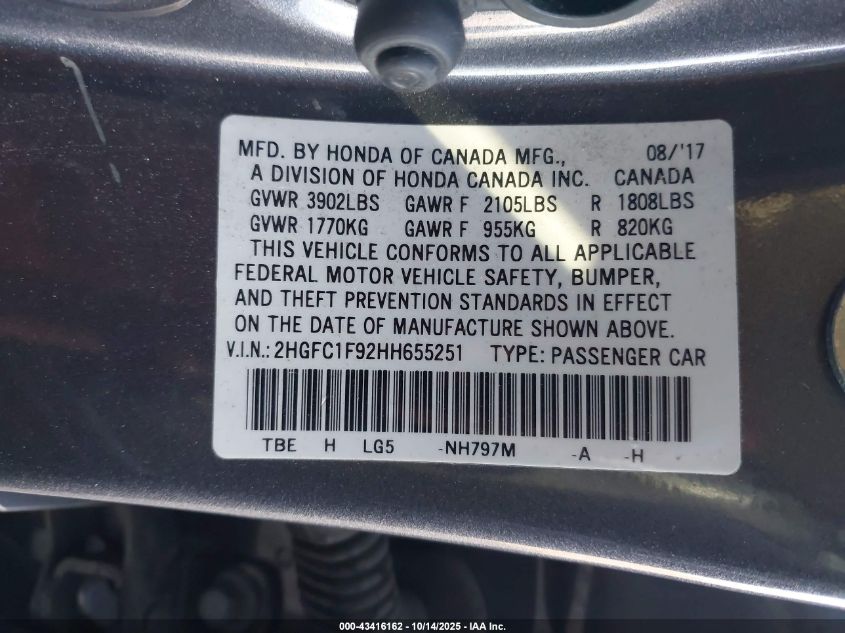 2017 Honda Civic Touring VIN: 2HGFC1F92HH655251 Lot: 43416162