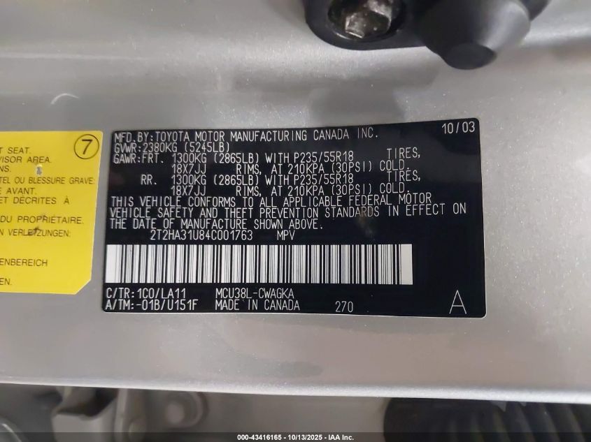 2004 Lexus Rx 330 VIN: 2T2HA31U84C001763 Lot: 43416165