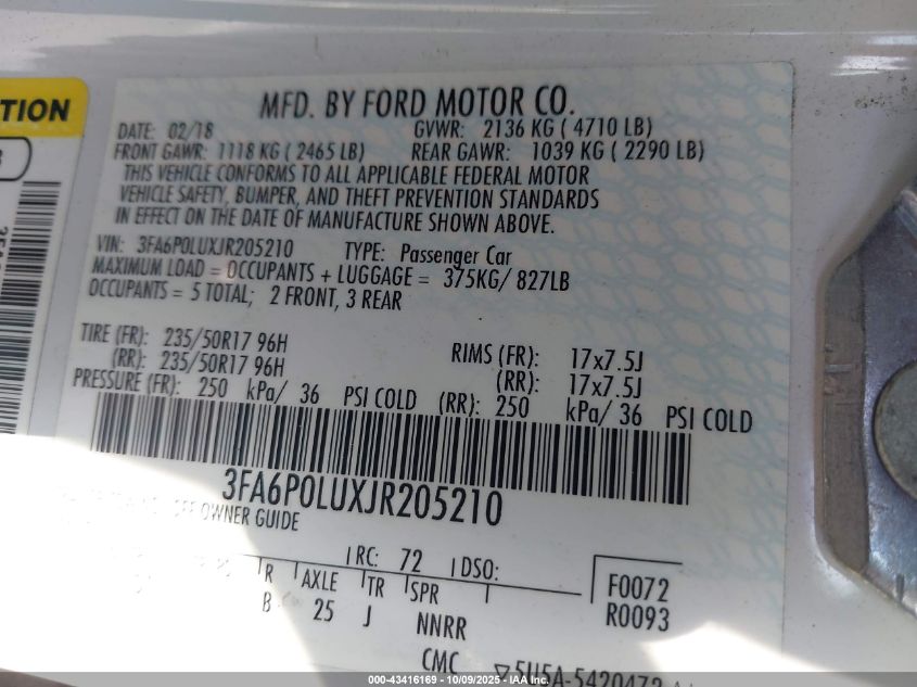 2018 Ford Fusion Hybrid Se VIN: 3FA6P0LUXJR205210 Lot: 43416169