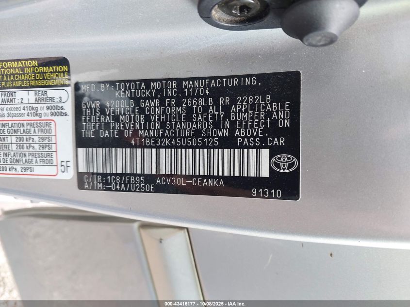 2005 Toyota Camry Le VIN: 4T1BE32K45U505125 Lot: 43416177