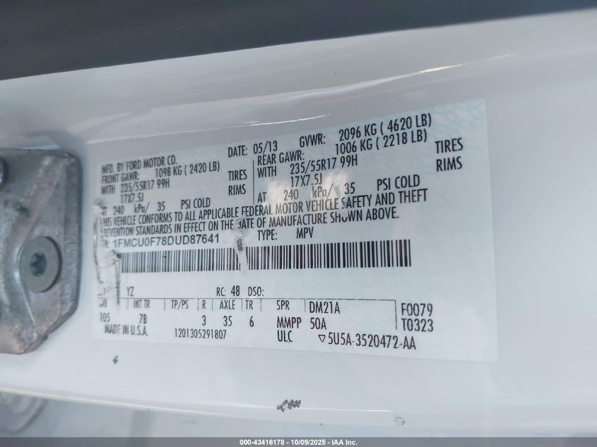 2013 Ford Escape S VIN: 1FMCU0F78DUD87641 Lot: 43416178