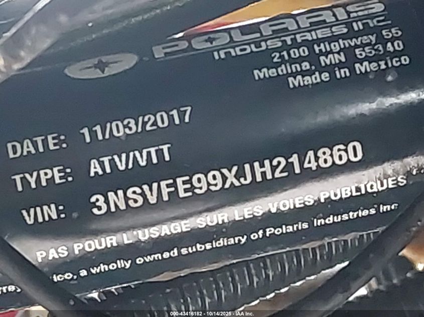 2018 Polaris Rzr Xp 4 1000 Eps VIN: 3NSVFE99XJH214860 Lot: 43416182