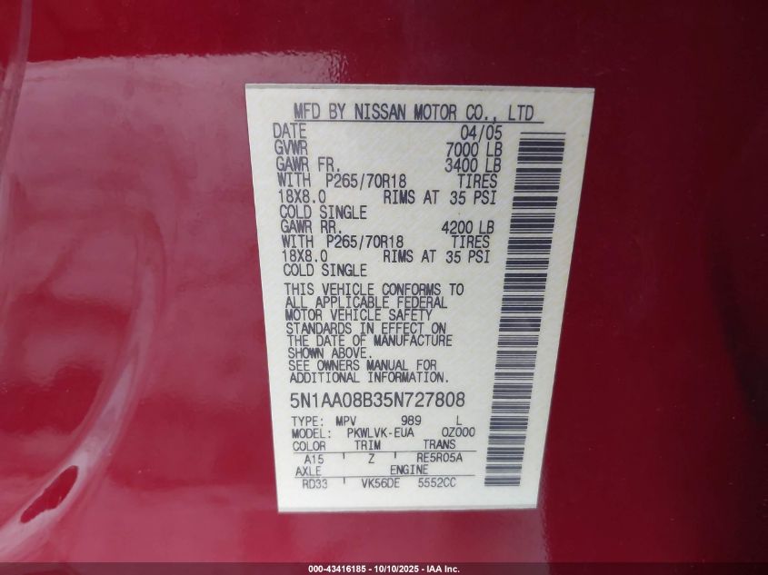 2005 Nissan Armada Le VIN: 5N1AA08B35N727808 Lot: 43416185