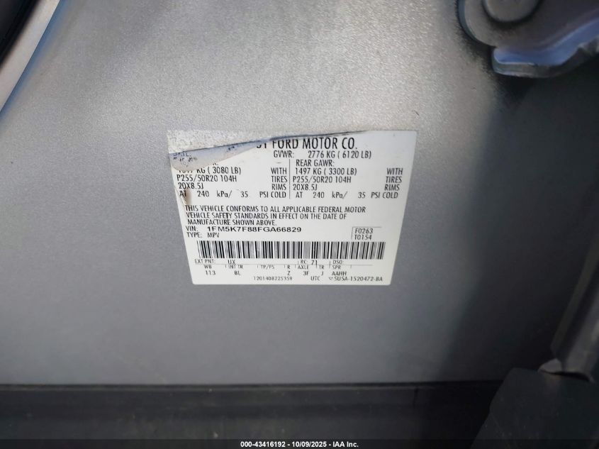 2015 Ford Explorer Limited VIN: 1FM5K7F88FGA66829 Lot: 43416192