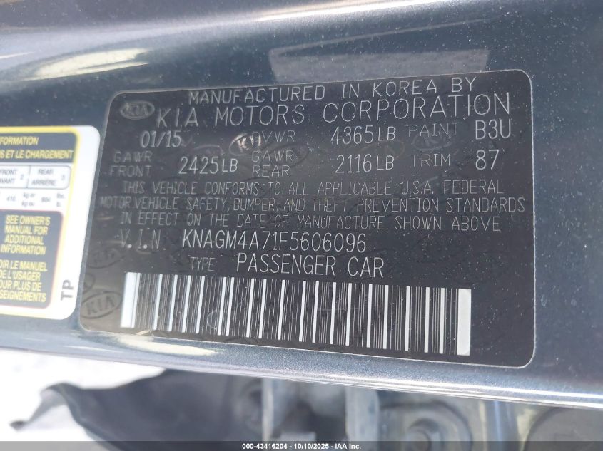 2015 Kia Optima Lx VIN: KNAGM4A71F5606096 Lot: 43416204
