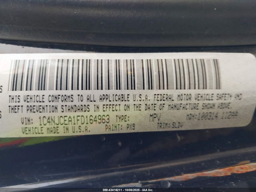2015 Jeep Compass Latitude VIN: 1C4NJCEA1FD164963 Lot: 43416211