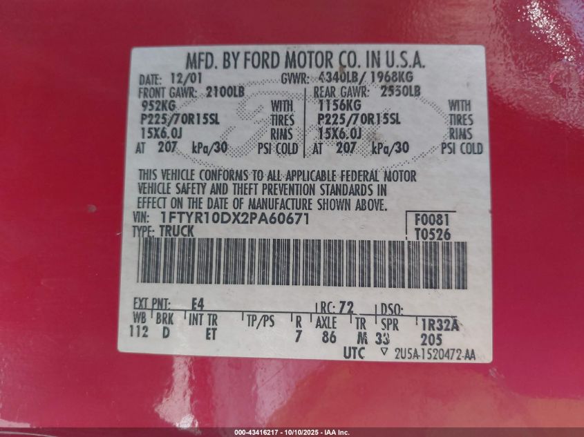 2002 Ford Ranger Xl/Xlt VIN: 1FTYR10DX2PA60671 Lot: 43416217