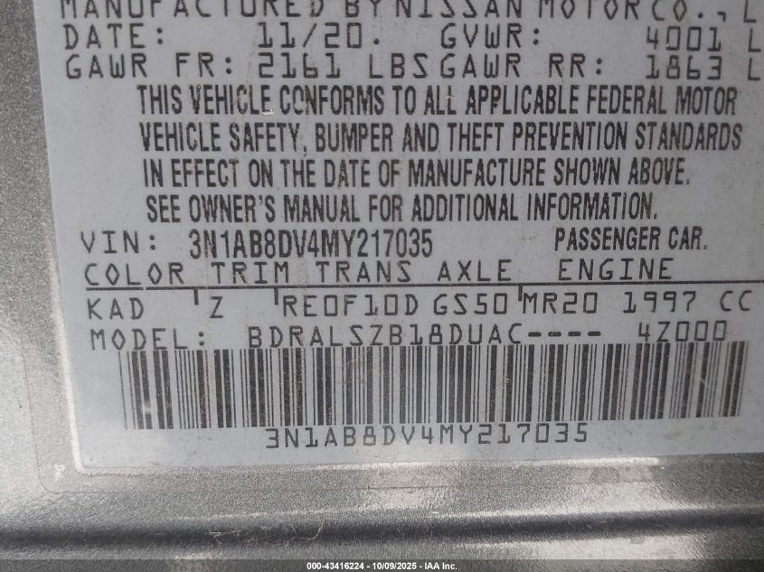 2021 Nissan Sentra Sr Xtronic Cvt VIN: 3N1AB8DV4MY217035 Lot: 43416224