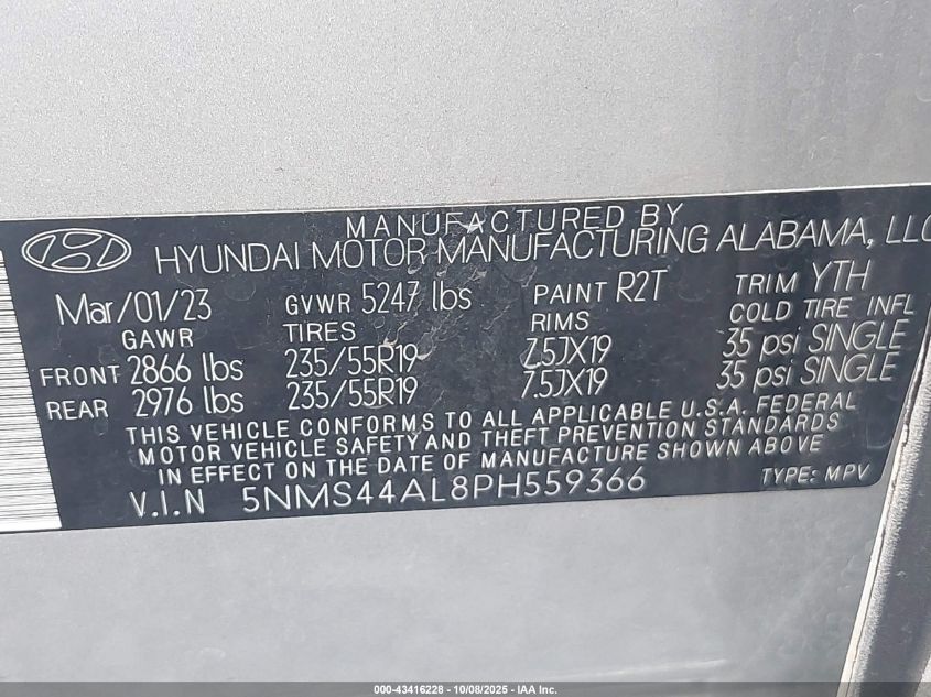 2023 Hyundai Santa Fe Limited VIN: 5NMS44AL8PH559366 Lot: 43416228