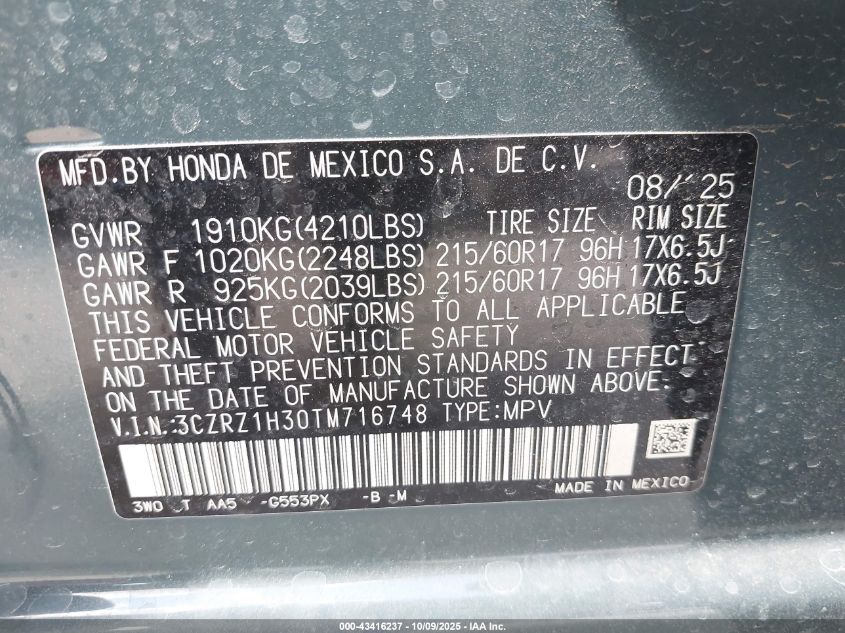 2026 Honda Hr-V 2Wd Lx VIN: 3CZRZ1H30TM716748 Lot: 43416237