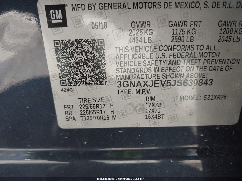 2018 CHEVROLET EQUINOX LT 3GNAXJEV5JS639843