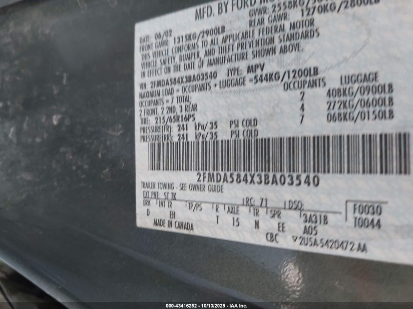 2003 Ford Windstar Limited VIN: 2FMDA584X3BA03540 Lot: 43416252