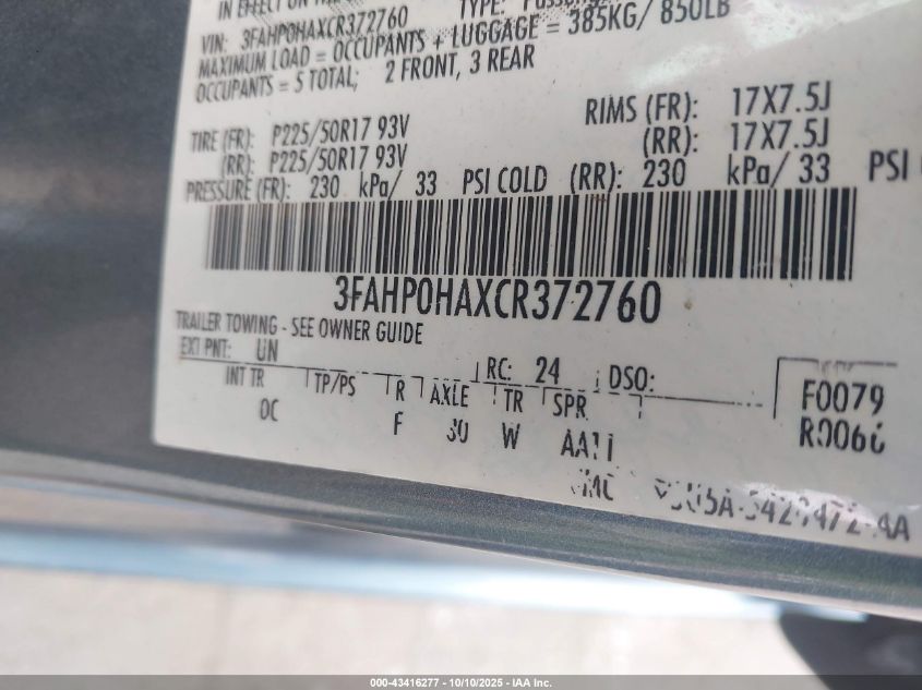 2012 Ford Fusion Se VIN: 3FAHP0HAXCR372760 Lot: 43416277