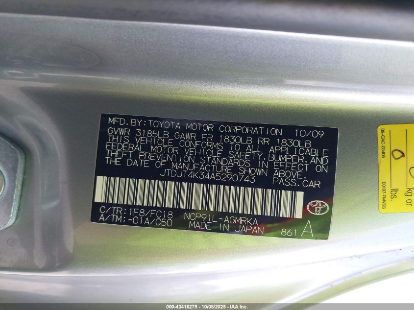 2010 Toyota Yaris VIN: JTDJT4K34A5290743 Lot: 43416279