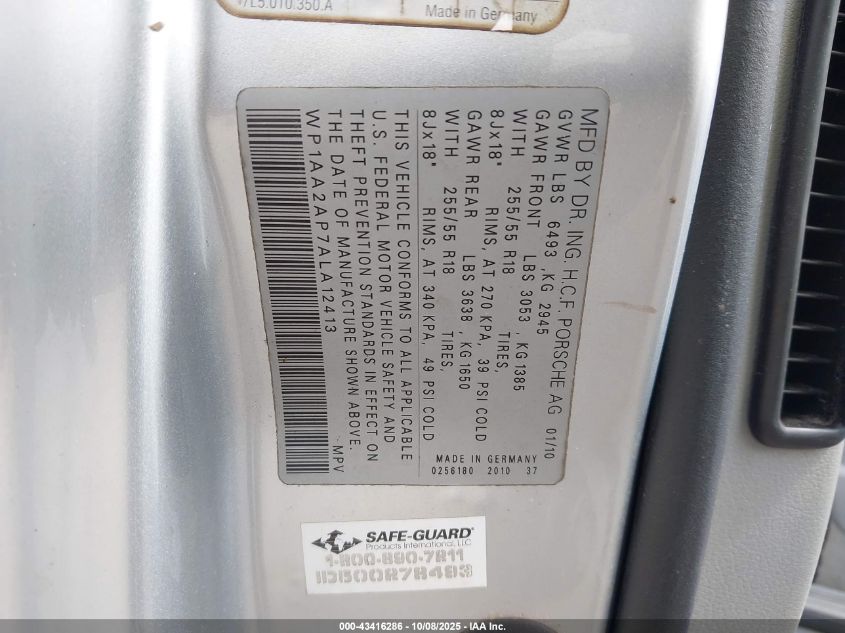 2010 Porsche Cayenne VIN: WP1AA2AP7ALA12413 Lot: 43416286