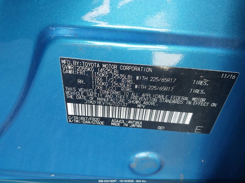 2017 Toyota Rav4 Le VIN: JTMZFREV1HJ702137 Lot: 43416297