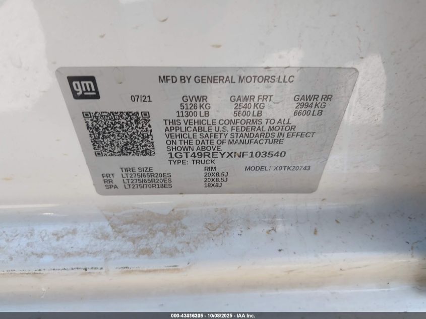 2022 GMC Sierra 2500Hd 4Wd Standard Bed Denali VIN: 1GT49REYXNF103540 Lot: 43416305