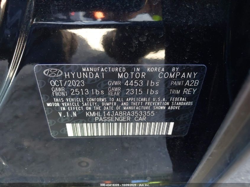 2024 Hyundai Sonata Sel VIN: KMHL14JA8RA353355 Lot: 43416309
