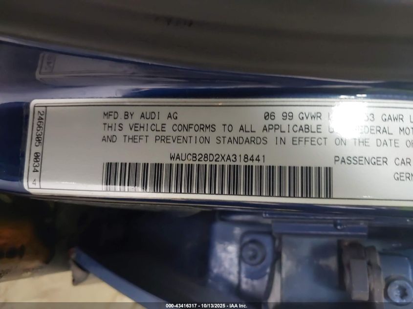 1999 Audi A4 1.8 T VIN: WAUCB28D2XA318441 Lot: 43416317