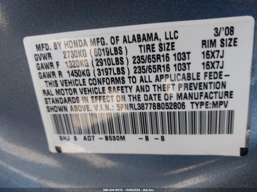 2008 Honda Odyssey Ex-L VIN: 5FNRL38778B052806 Lot: 43416319