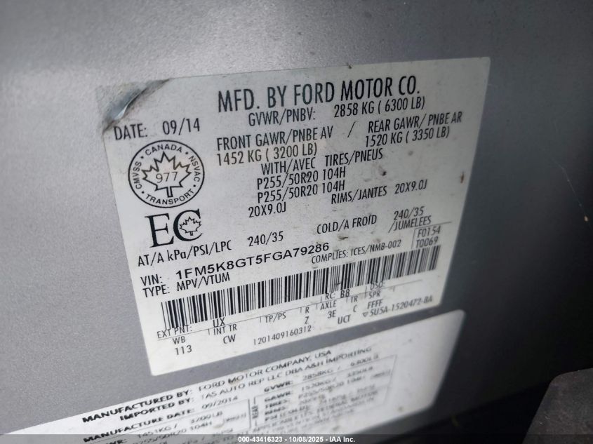 2015 Ford Explorer Sport VIN: 1FM5K8GT5FGA79286 Lot: 43416323