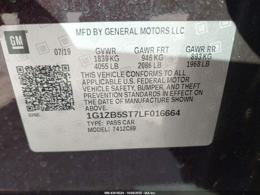 2020 Chevrolet Malibu Fwd Ls VIN: 1G1ZB5ST7LF016664 Lot: 43416324