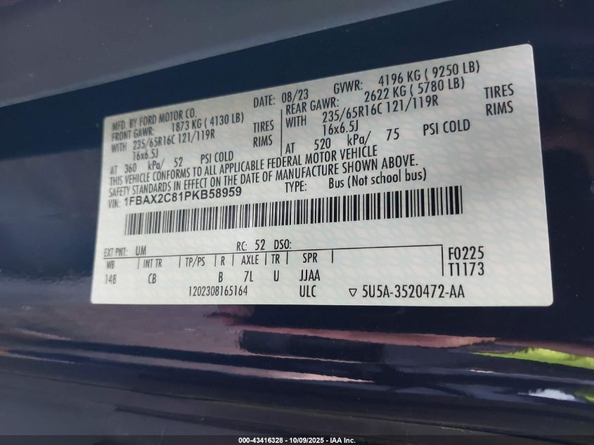 2023 Ford Transit-350 Passenger Van Xlt VIN: 1FBAX2C81PKB58959 Lot: 43416328