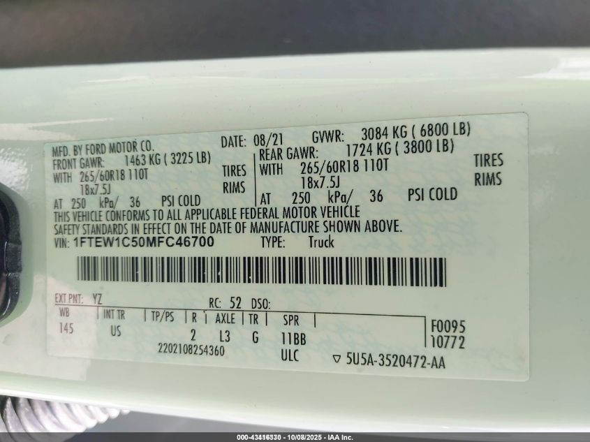 2021 Ford F-150 Xlt VIN: 1FTEW1C50MFC46700 Lot: 43416330