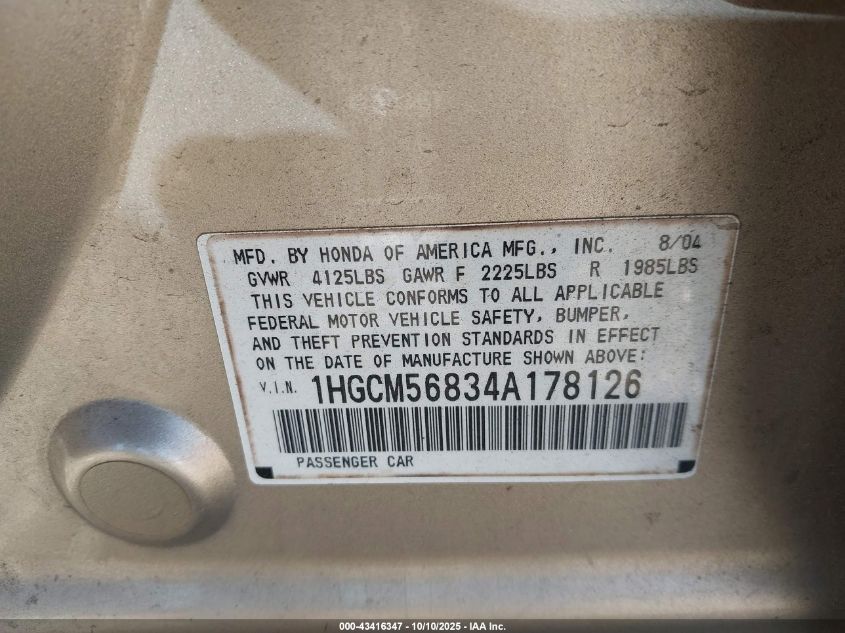 2004 Honda Accord 2.4 Ex VIN: 1HGCM56834A178126 Lot: 43416347