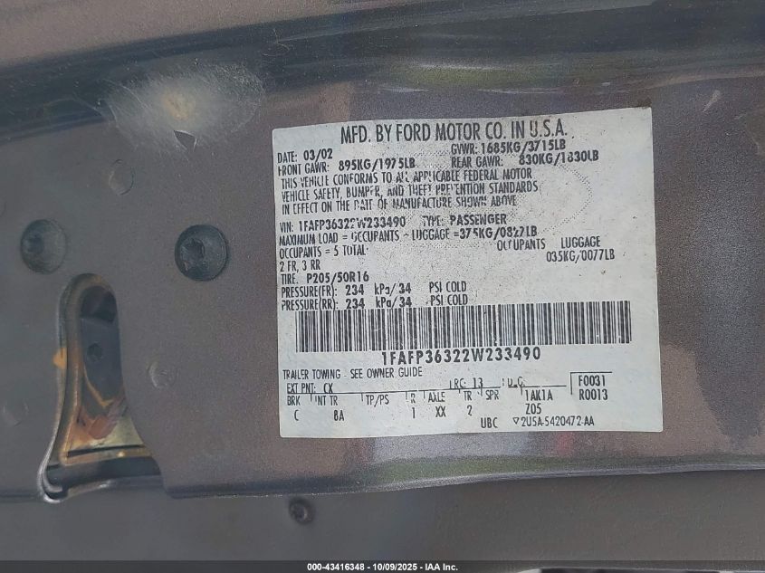 2002 Ford Focus Se/Ztw VIN: 1FAFP36322W233490 Lot: 43416348