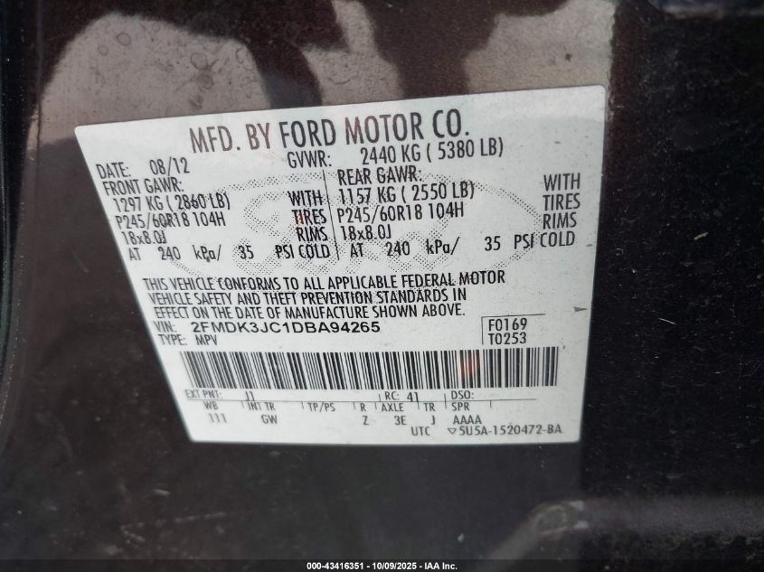 2013 Ford Edge Sel VIN: 2FMDK3JC1DBA94265 Lot: 43416351