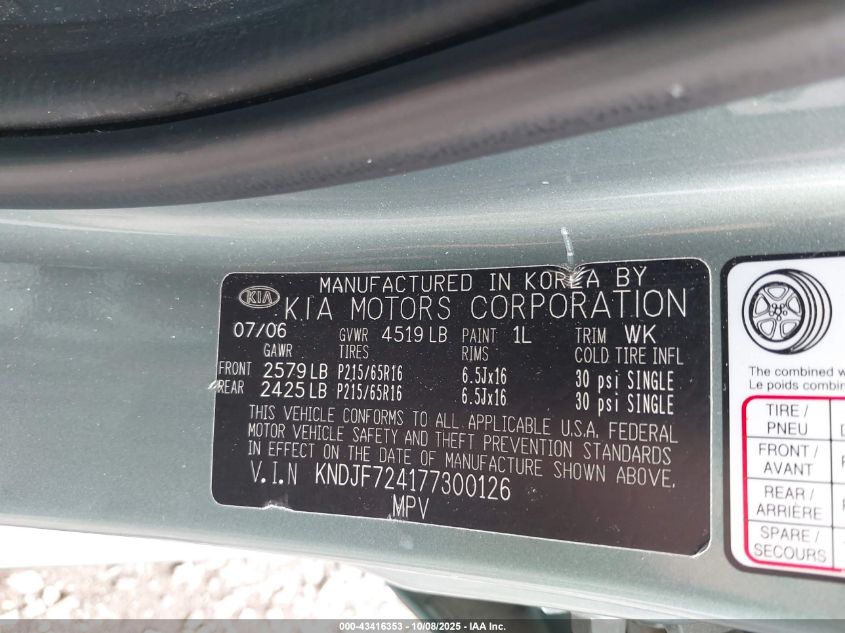 2007 Kia Sportage Lx VIN: KNDJF724177300126 Lot: 43416353