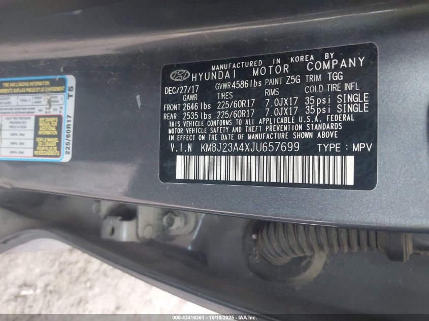 2018 Hyundai Tucson Se VIN: KM8J23A4XJU657699 Lot: 43416361